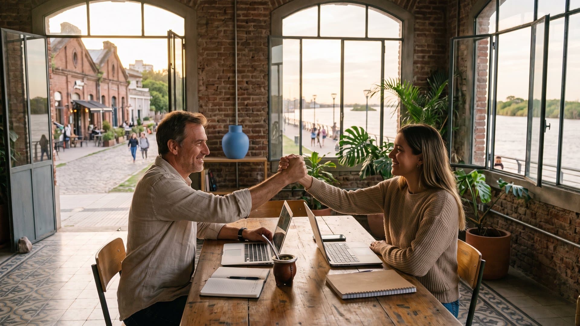 Dos emprendedores se dan la mano en un coworking luminoso