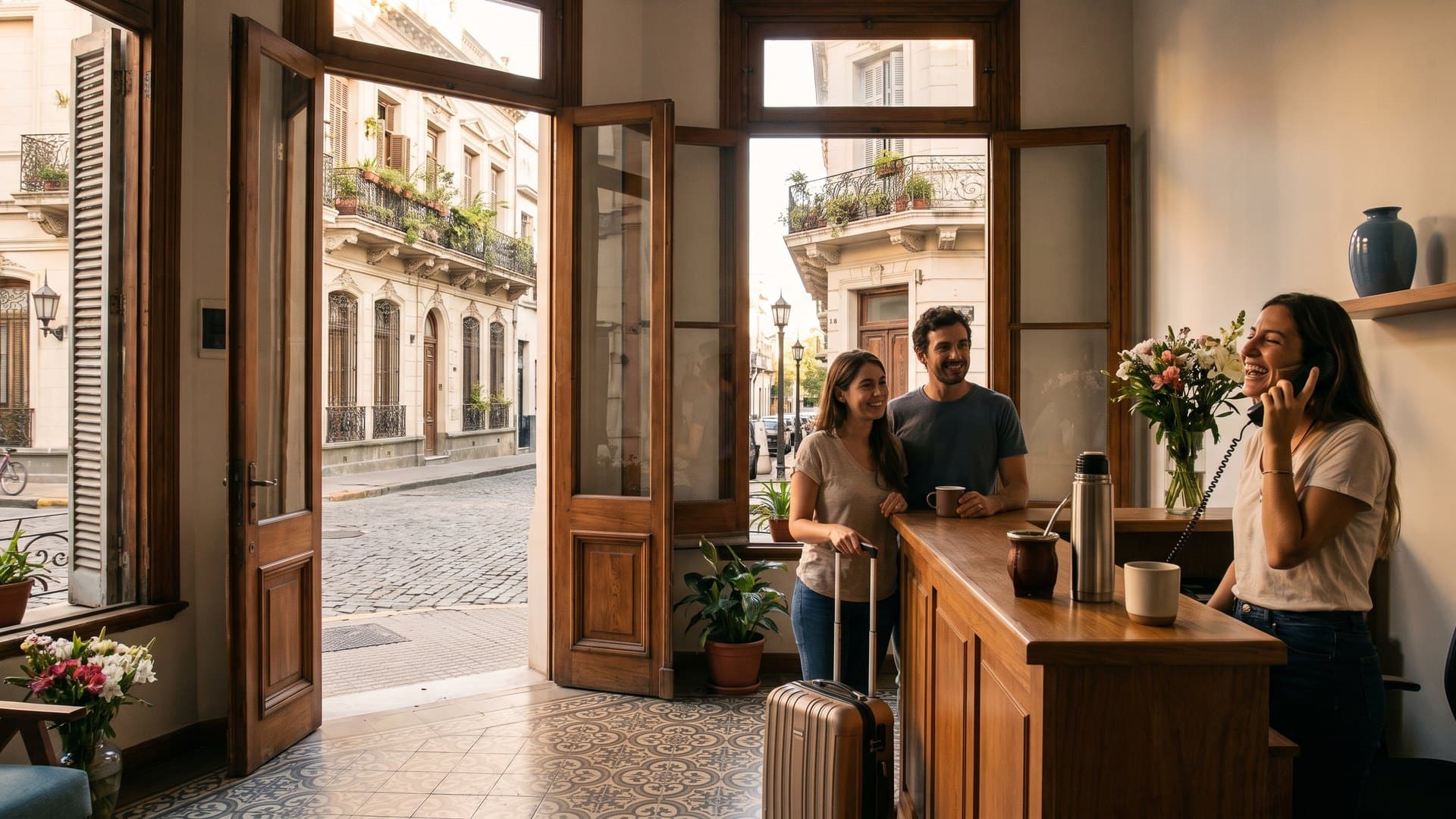 Recepcionista sonriente hablando por teléfono en la recepción de un pequeño hotel familiar en una casona de San Telmo, una pareja con valija espera junto al mostrador con un mate, y por la puerta abierta se ven la calle empedrada y los balcones de hierro