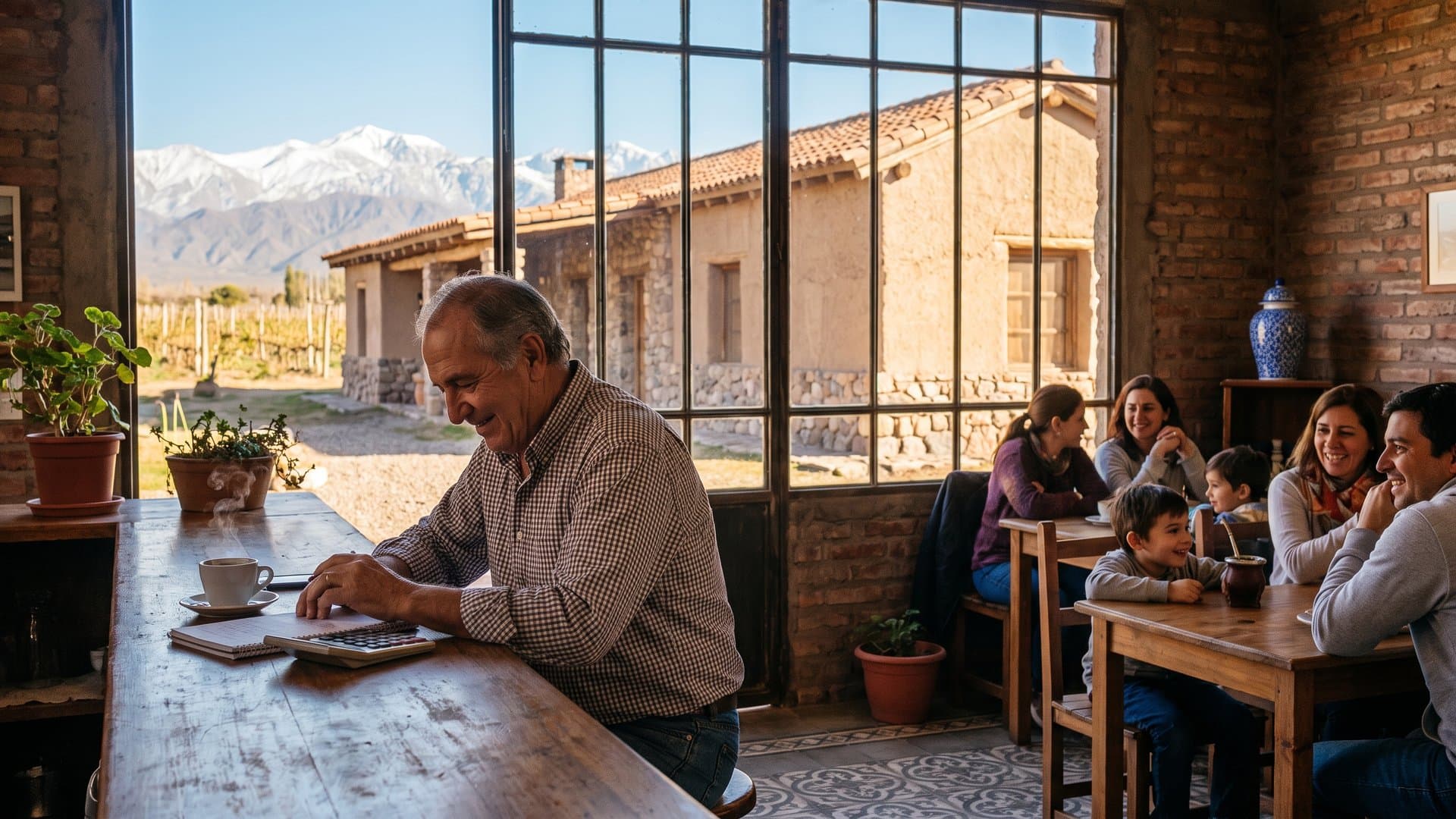 Dueño de un restaurante familiar hace cuentas en la barra por la tarde