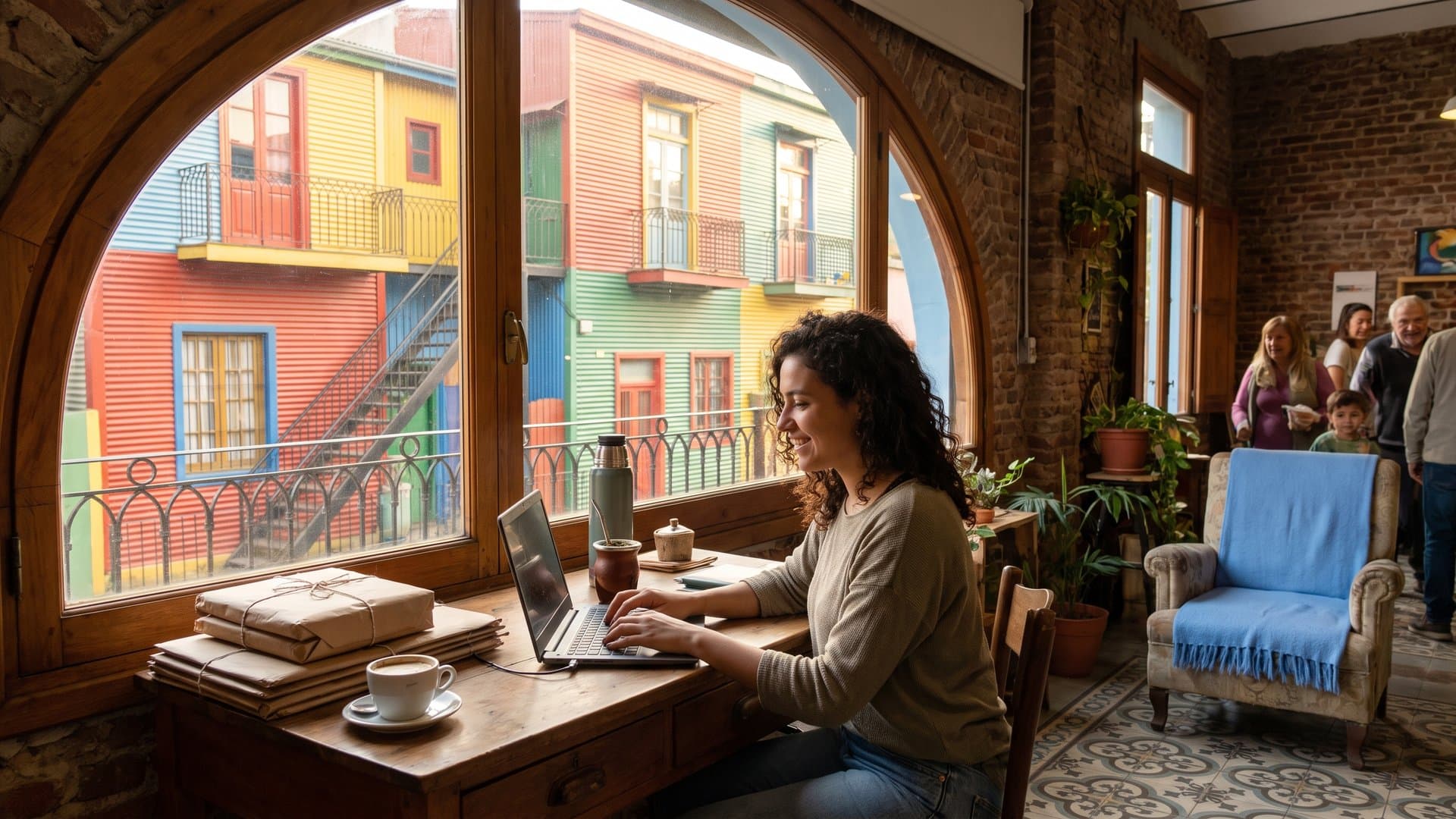 Dueña de una tienda online responde chats en la notebook junto a una ventana soleada