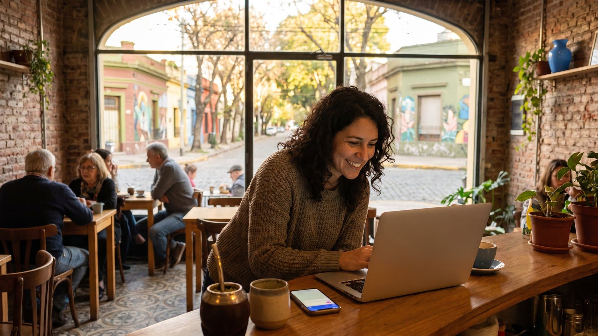 Dueña de un café configura todo en la notebook mientras el teléfono se ilumina sobre el mostrador