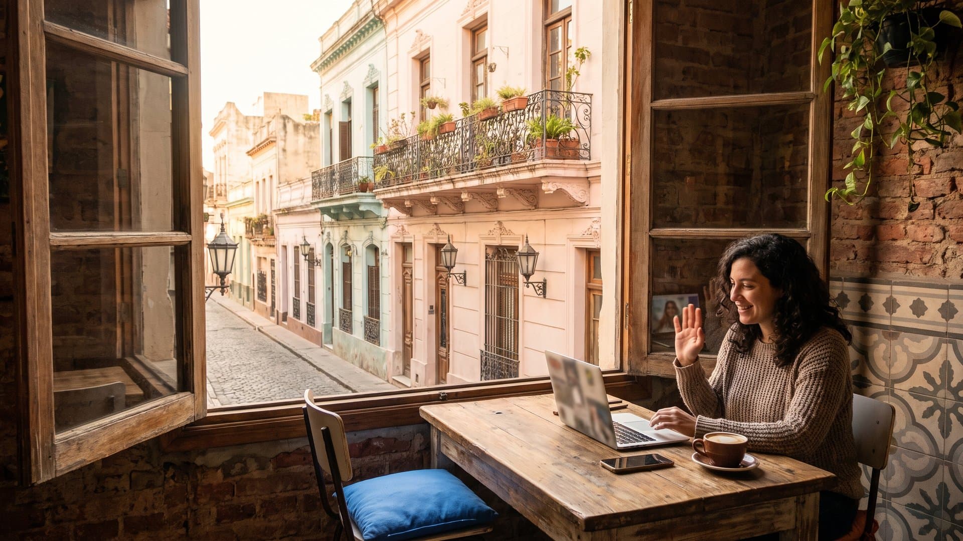 Mesa junto a la ventana con notebook, teléfono y una taza de café