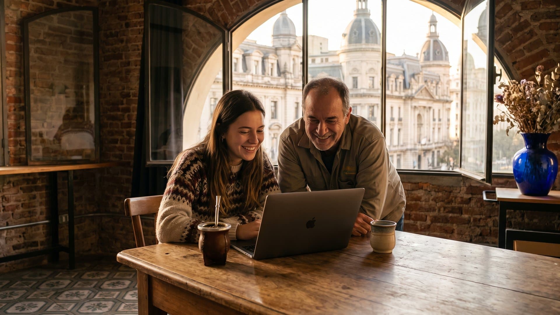 Un desarrollador y la dueña de un comercio trabajan juntos en una notebook