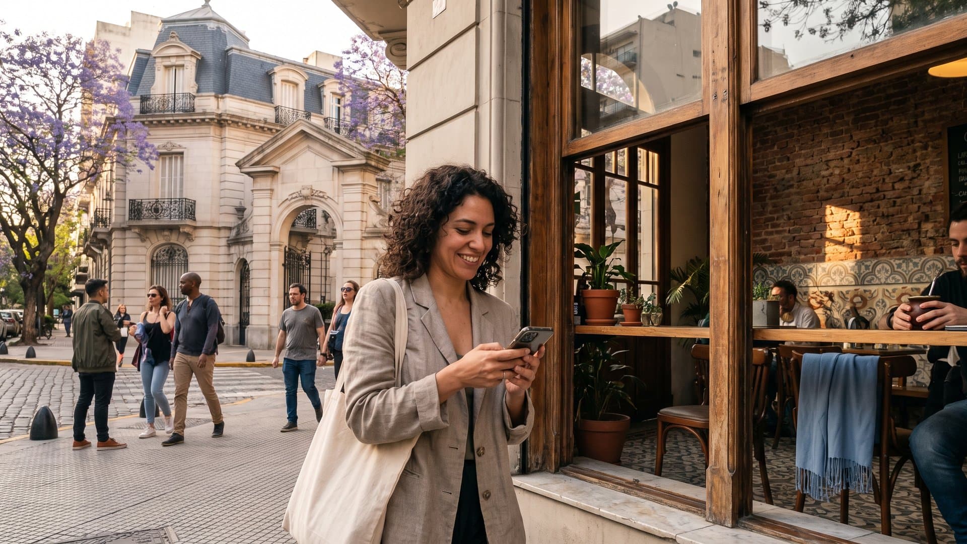 Anfitriona de una casa de huéspedes mira el teléfono mientras camina por una calle histórica