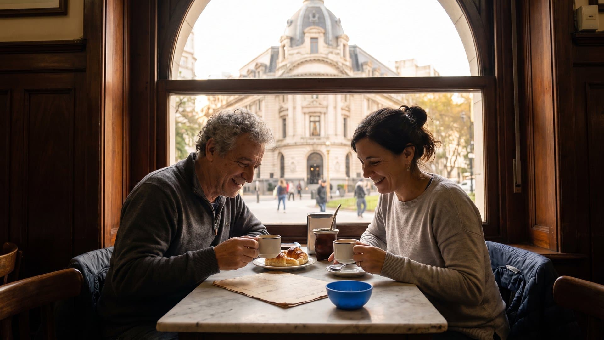Pareja que atiende una panadería chica repasa un plan simple con café y medialunas